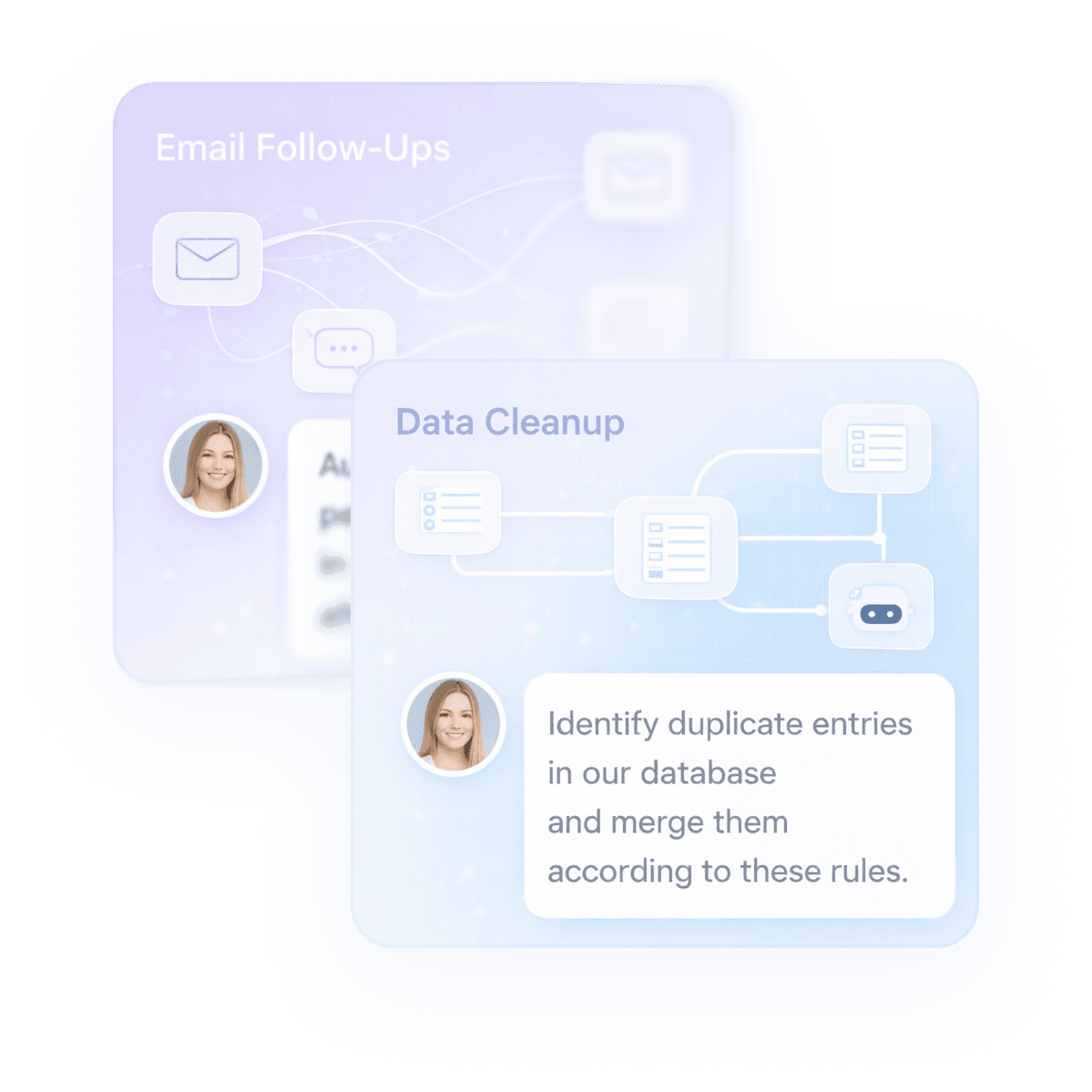The Fishbulb agent receiving a plain-language instruction and executing named workflows like email follow-ups and data cleanup